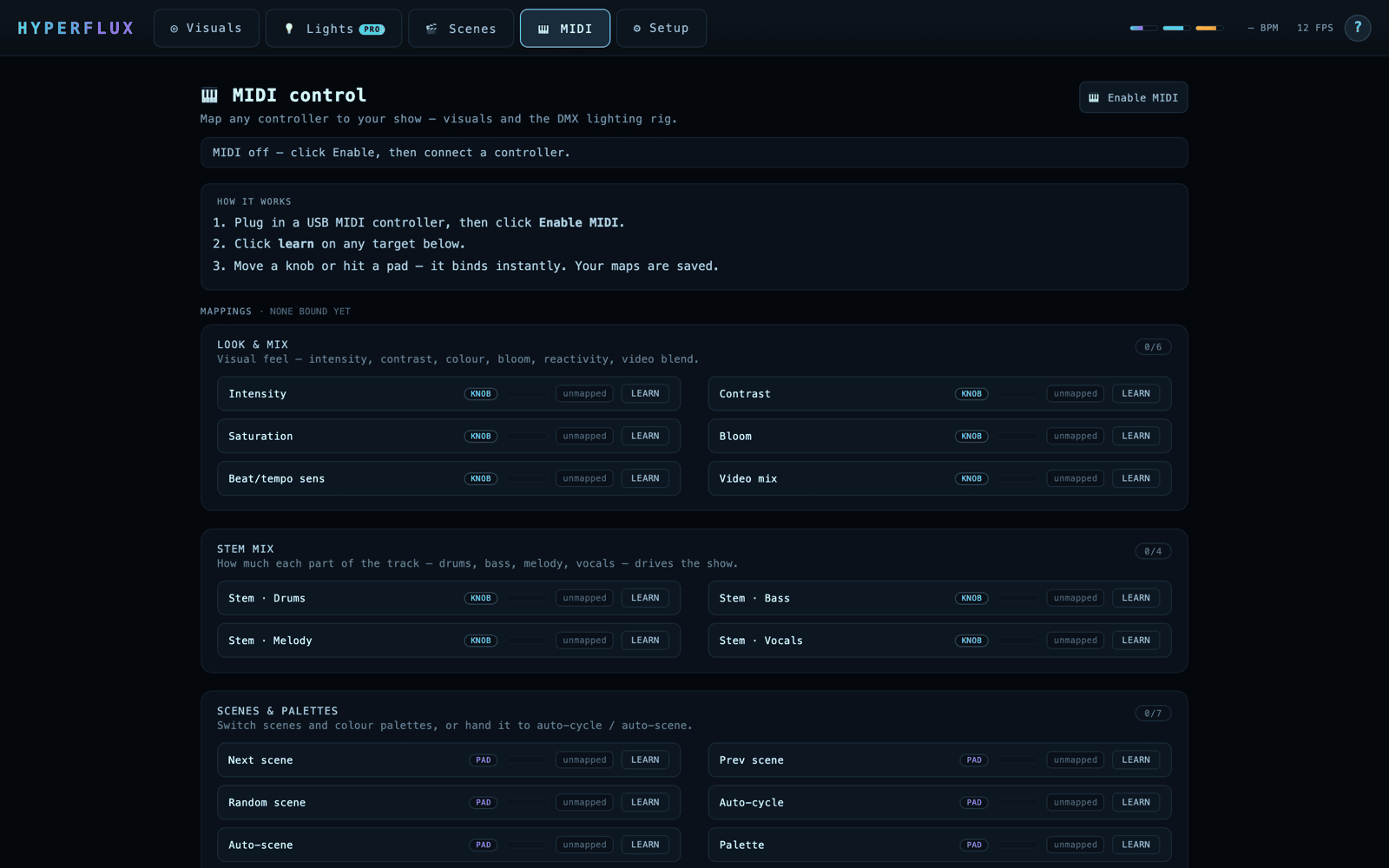 HYPERFLUX MIDI mapping page with grouped targets