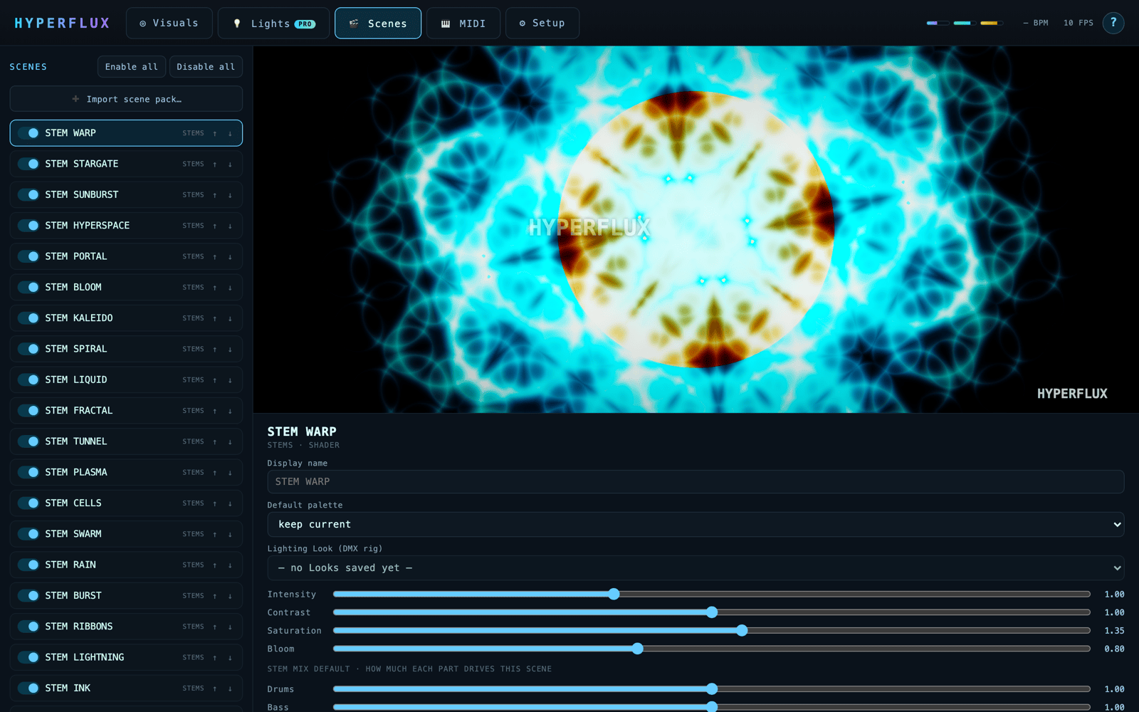 HYPERFLUX scene manager with a live kaleidoscopic scene preview